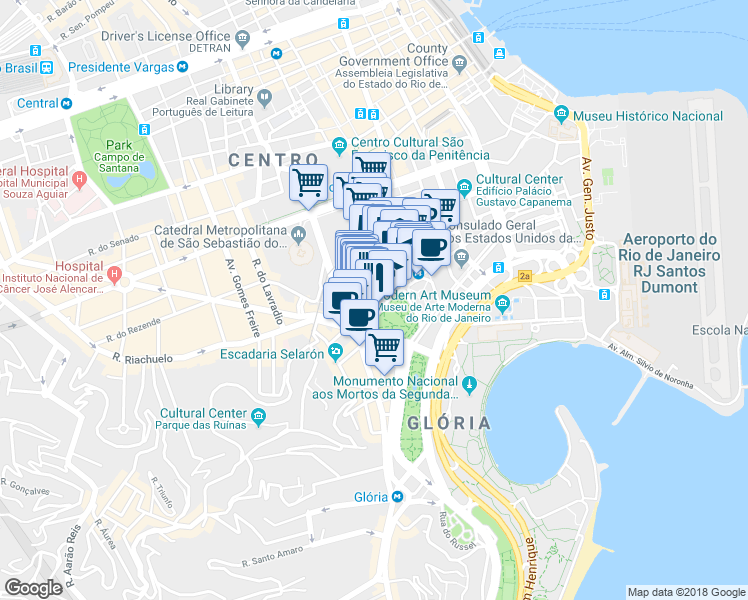map of restaurants, bars, coffee shops, grocery stores, and more near 18 Rua das Marrecas in Rio de Janeiro