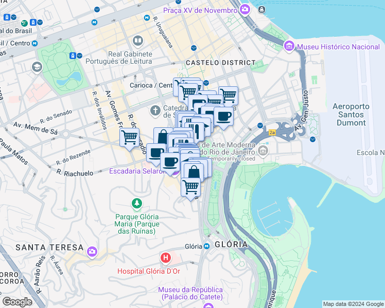 map of restaurants, bars, coffee shops, grocery stores, and more near 78 Rua do Passeio in Rio de Janeiro