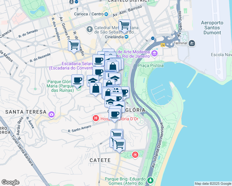 map of restaurants, bars, coffee shops, grocery stores, and more near 122 Rua da Glória in Rio de Janeiro