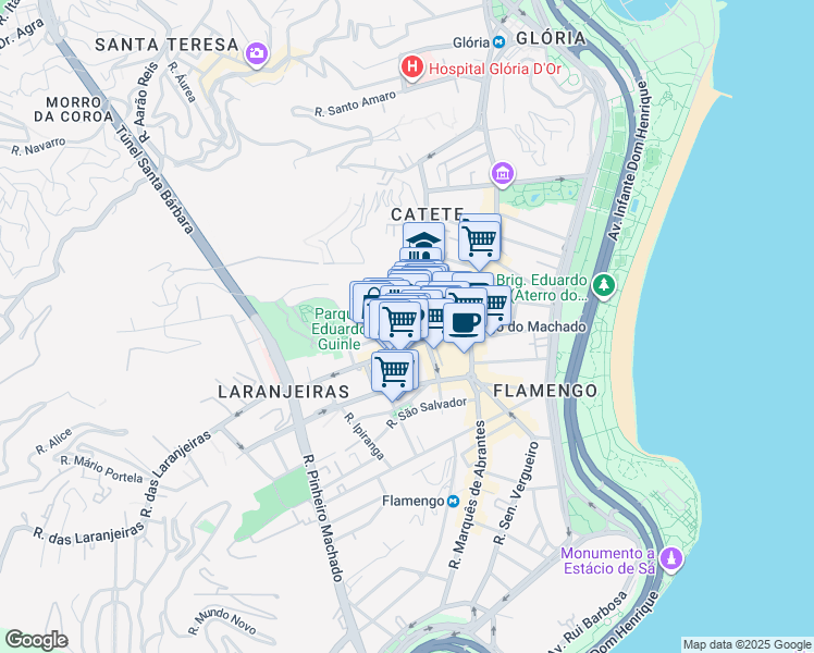 map of restaurants, bars, coffee shops, grocery stores, and more near 52 Rua Gago Coutinho in Rio de Janeiro