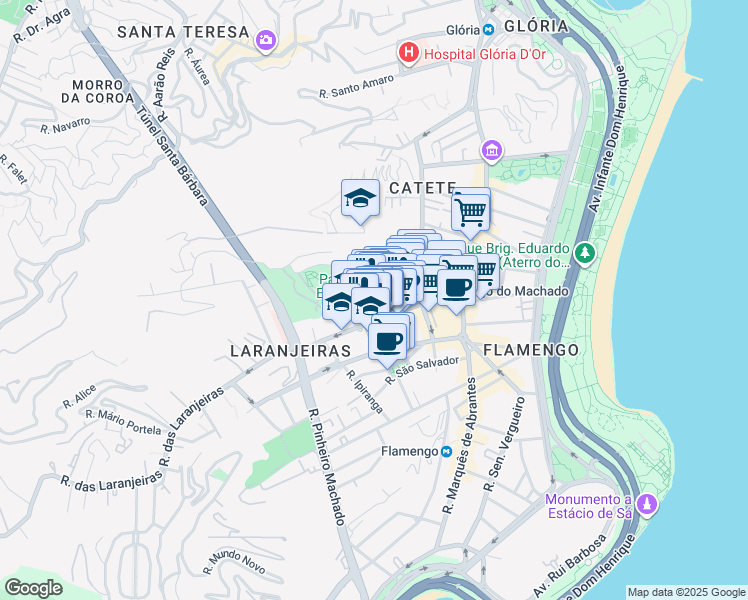 map of restaurants, bars, coffee shops, grocery stores, and more near 52 Rua Gago Coutinho in Rio de Janeiro
