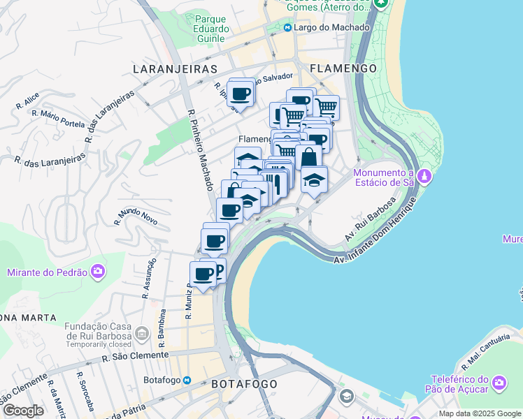 map of restaurants, bars, coffee shops, grocery stores, and more near 186 Praia de Botafogo in Rio de Janeiro