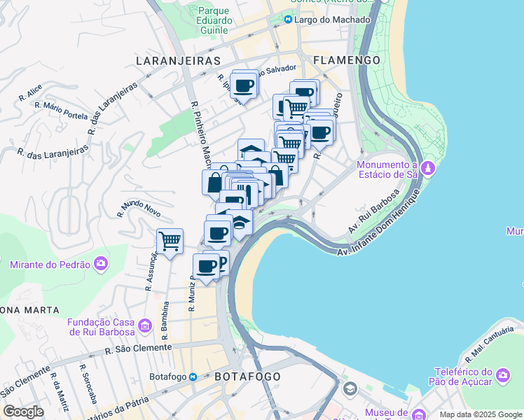 map of restaurants, bars, coffee shops, grocery stores, and more near 186 Praia de Botafogo in Rio de Janeiro