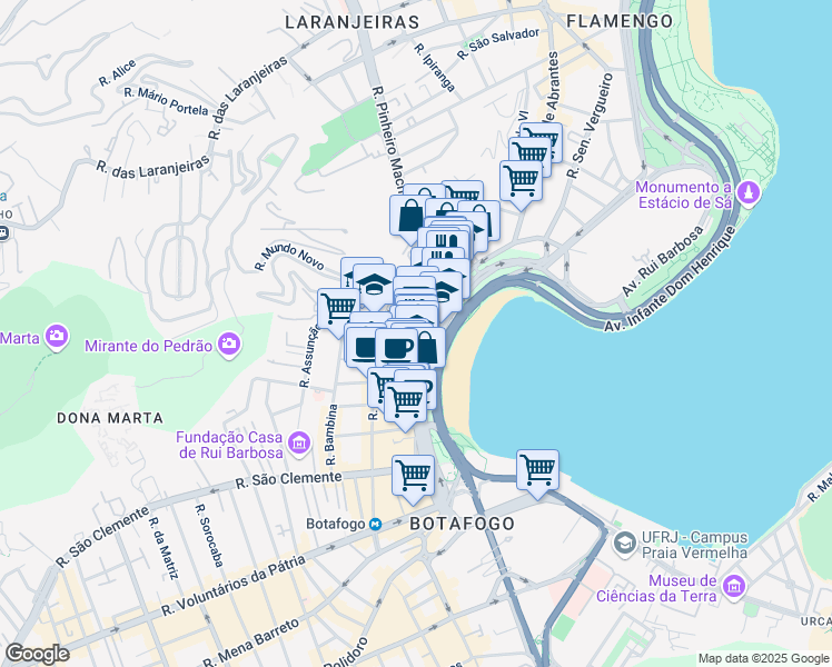 map of restaurants, bars, coffee shops, grocery stores, and more near 300 Praia de Botafogo in Rio de Janeiro