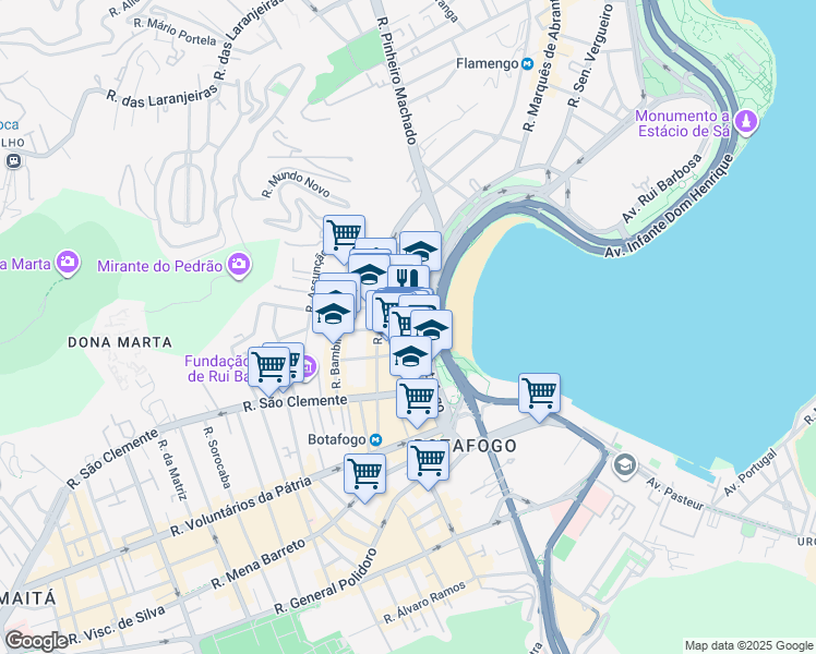 map of restaurants, bars, coffee shops, grocery stores, and more near 374 Praia de Botafogo in Rio de Janeiro