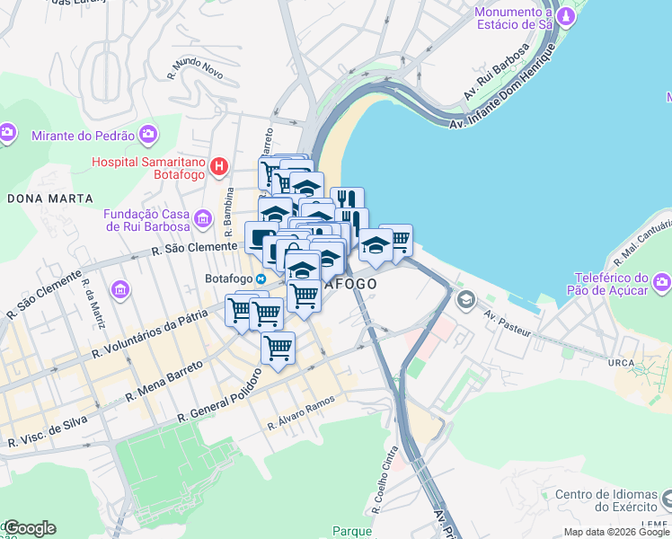 map of restaurants, bars, coffee shops, grocery stores, and more near 501 Praia de Botafogo in Rio de Janeiro