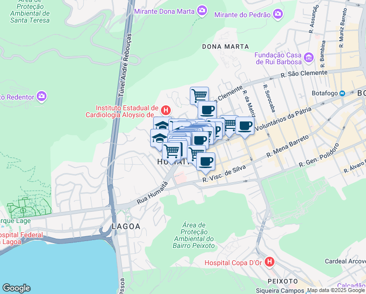 map of restaurants, bars, coffee shops, grocery stores, and more near 52 Rua Humaitá in Rio de Janeiro