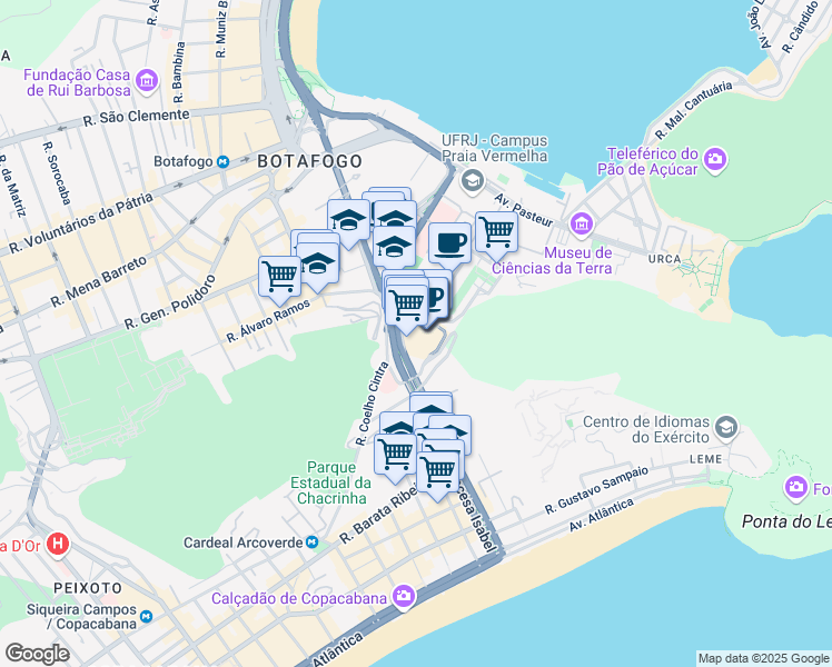 map of restaurants, bars, coffee shops, grocery stores, and more near 445 Avenida Lauro Sodré in Rio de Janeiro