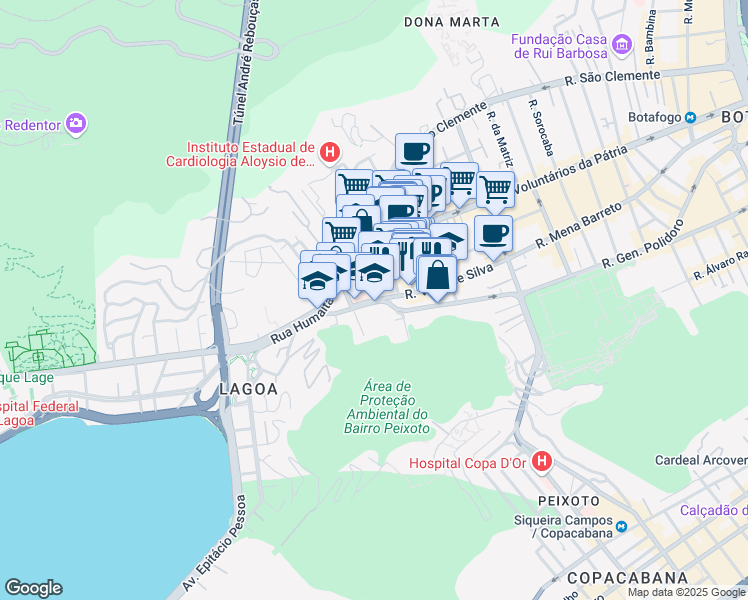 map of restaurants, bars, coffee shops, grocery stores, and more near Largo do Ibam in Rio de Janeiro
