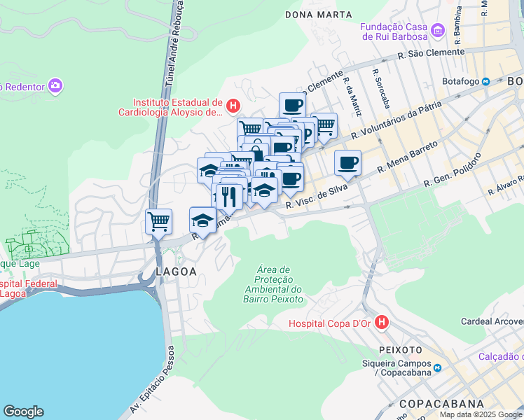 map of restaurants, bars, coffee shops, grocery stores, and more near Largo do Ibam in Rio de Janeiro