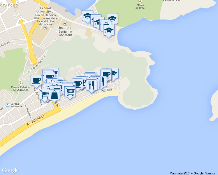 map of restaurants, bars, coffee shops, grocery stores, and more near 210 Av. Atlântica in Rio de Janeiro