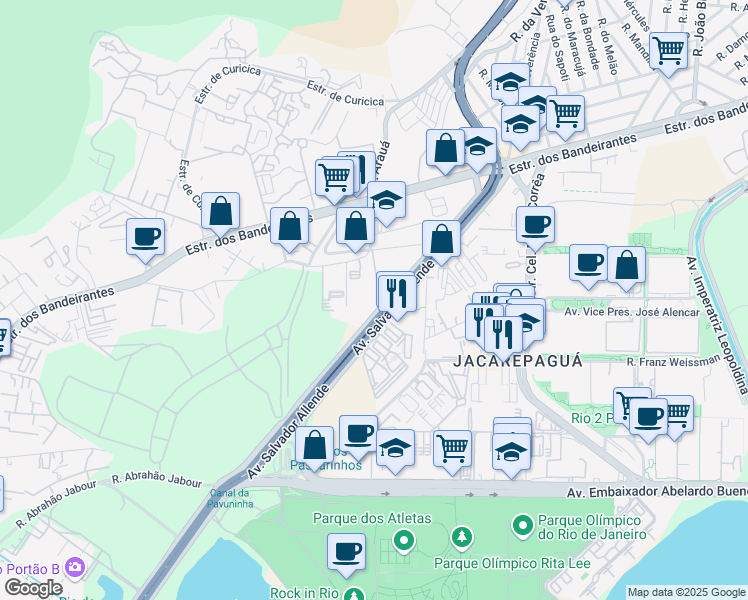 map of restaurants, bars, coffee shops, grocery stores, and more near 500 Avenida Salvador Allende in Rio de Janeiro