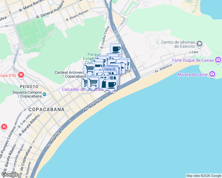 map of restaurants, bars, coffee shops, grocery stores, and more near 1536 Av. Atlântica in Rio de Janeiro