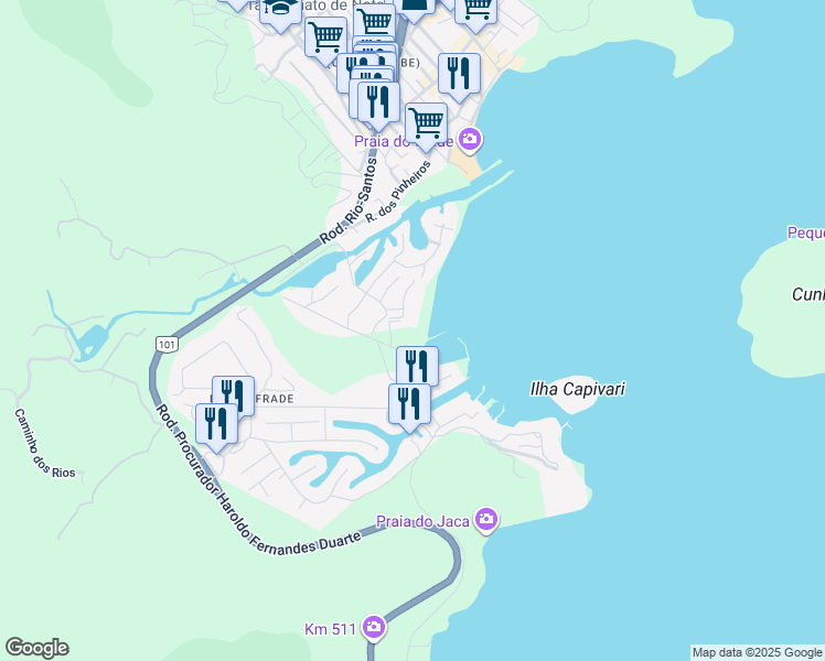 map of restaurants, bars, coffee shops, grocery stores, and more near Km 512 Rodovia Governador Mário Covas in Angra dos Reis
