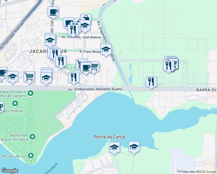 map of restaurants, bars, coffee shops, grocery stores, and more near Avenida Embaixador Abelardo Bueno in Rio de Janeiro