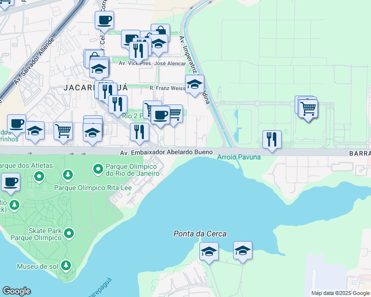 map of restaurants, bars, coffee shops, grocery stores, and more near Avenida Embaixador Abelardo Bueno in Rio de Janeiro