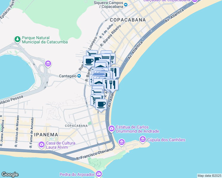 map of restaurants, bars, coffee shops, grocery stores, and more near 3668 Avenida Atlântica in Rio de Janeiro