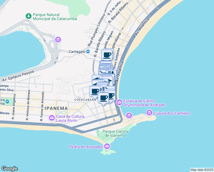 map of restaurants, bars, coffee shops, grocery stores, and more near 1187 Avenida Nossa Senhora de Copacabana in Rio de Janeiro