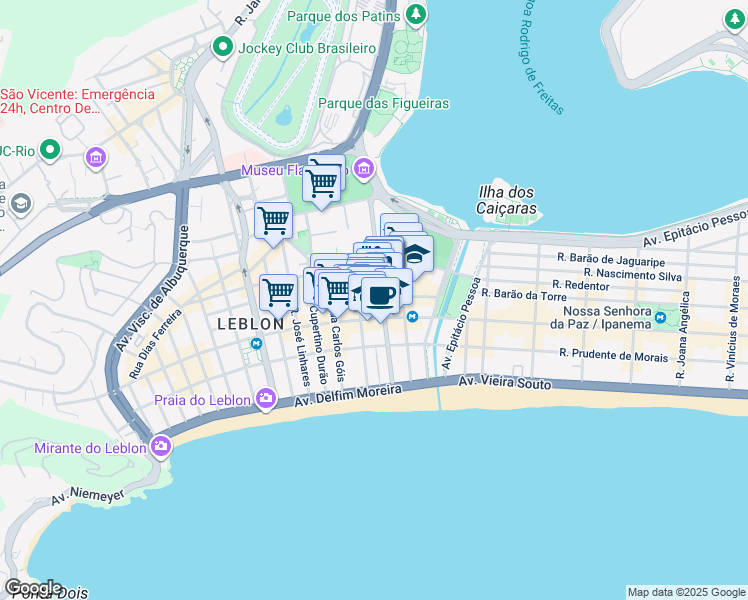 map of restaurants, bars, coffee shops, grocery stores, and more near 131 Avenida Afrânio de Melo Franco in Rio de Janeiro