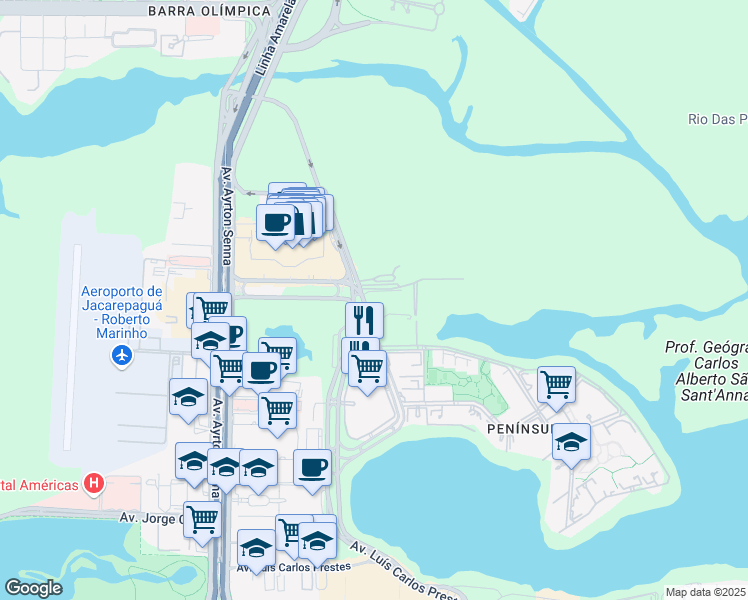 map of restaurants, bars, coffee shops, grocery stores, and more near 850 Avenida João Cabral de Melo Neto in Rio de Janeiro