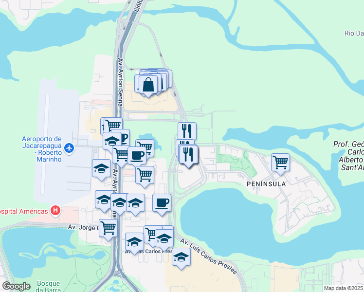 map of restaurants, bars, coffee shops, grocery stores, and more near 850 Avenida João Cabral de Melo Neto in Rio de Janeiro