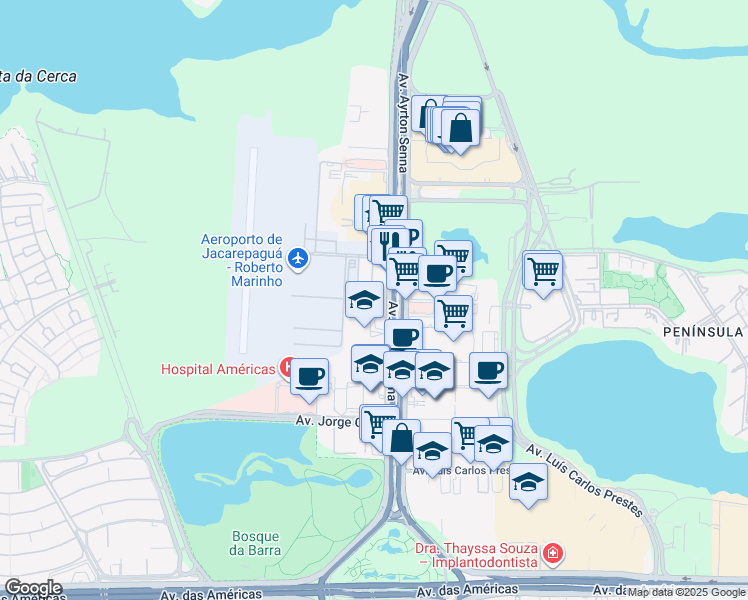 map of restaurants, bars, coffee shops, grocery stores, and more near 2541 Avenida Ayrton Senna in Rio de Janeiro