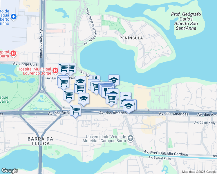 map of restaurants, bars, coffee shops, grocery stores, and more near 50 Avenida Luís Carlos Prestes in Rio de Janeiro