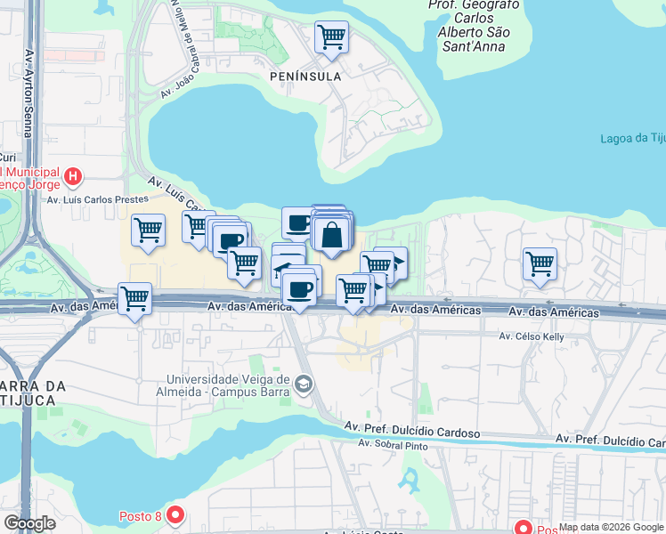 map of restaurants, bars, coffee shops, grocery stores, and more near 3900 Avenida das Américas in Rio de Janeiro
