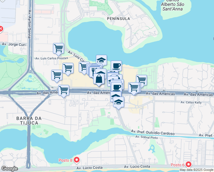 map of restaurants, bars, coffee shops, grocery stores, and more near 50 Avenida Luís Carlos Prestes in Rio de Janeiro