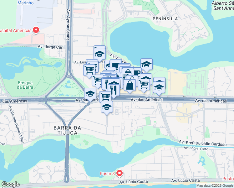 map of restaurants, bars, coffee shops, grocery stores, and more near 2552-5150 Avenida das Américas in Rio de Janeiro