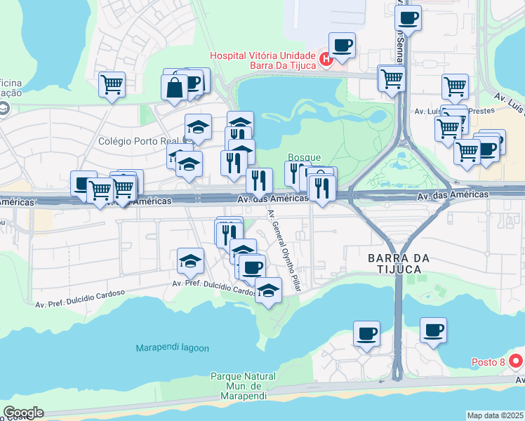 map of restaurants, bars, coffee shops, grocery stores, and more near 6101 Avenida das Américas in Rio de Janeiro