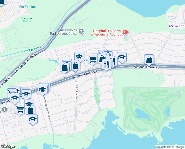 map of restaurants, bars, coffee shops, grocery stores, and more near 10363 Avenida das Américas in Rio de Janeiro