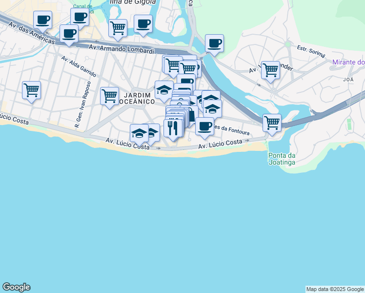 map of restaurants, bars, coffee shops, grocery stores, and more near 700 Avenida do Pepê in Rio de Janeiro