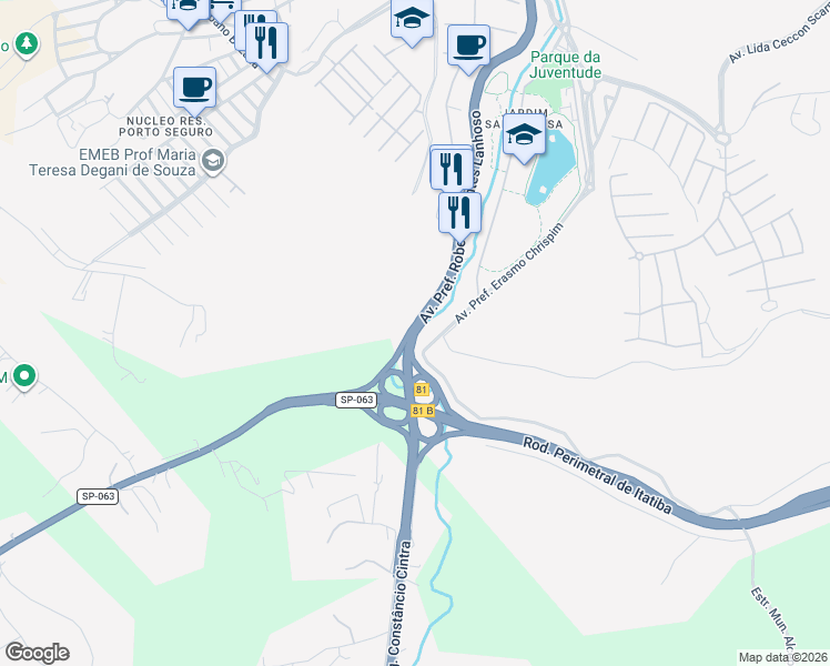 map of restaurants, bars, coffee shops, grocery stores, and more near SP-063 in Itatiba