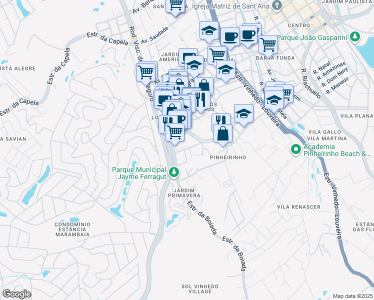 map of restaurants, bars, coffee shops, grocery stores, and more near 60 Rua Magdalena Ferragut in Vinhedo