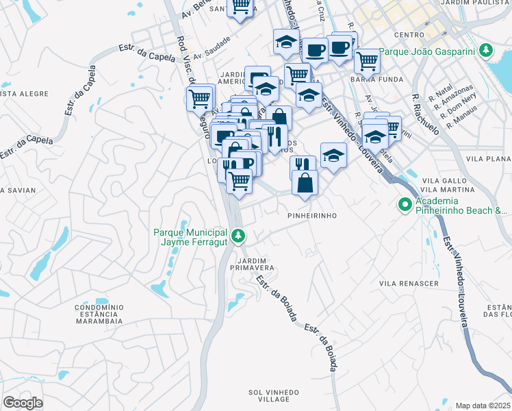 map of restaurants, bars, coffee shops, grocery stores, and more near 60 Rua Magdalena Ferragut in Vinhedo