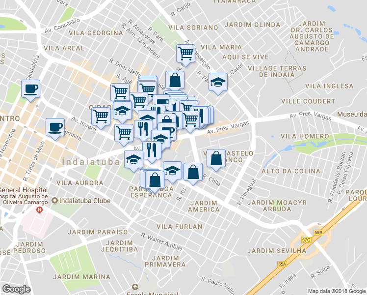 map of restaurants, bars, coffee shops, grocery stores, and more near 1264 Avenida Presidente Vargas in Indaiatuba