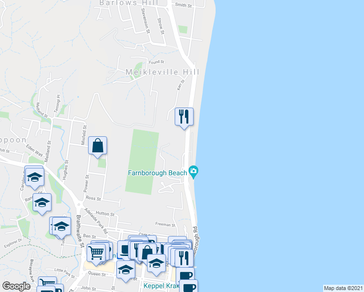 map of restaurants, bars, coffee shops, grocery stores, and more near 54 Farnborough Road in Yeppoon