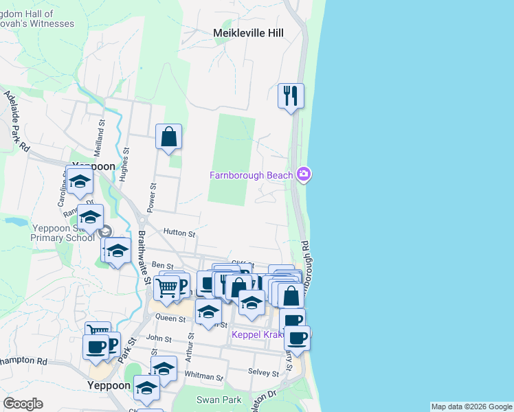 map of restaurants, bars, coffee shops, grocery stores, and more near 21 Ocean Circle in Yeppoon