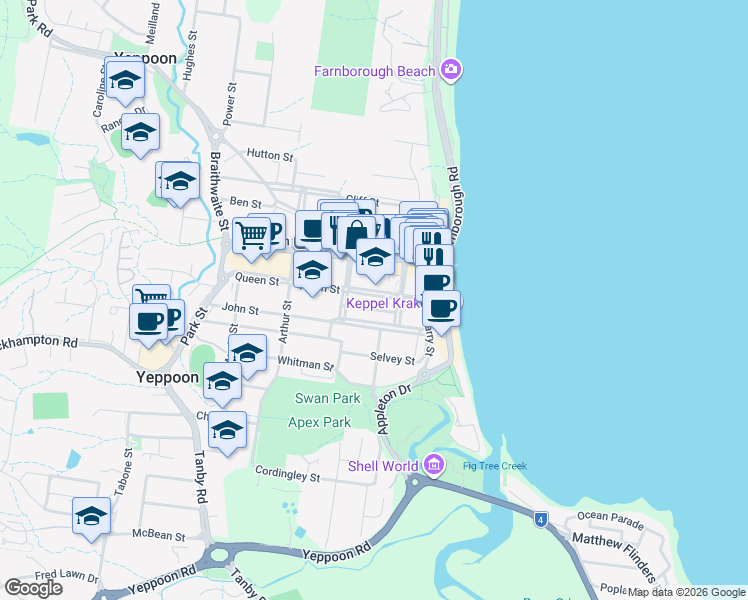 map of restaurants, bars, coffee shops, grocery stores, and more near 26 Queen Street in Yeppoon