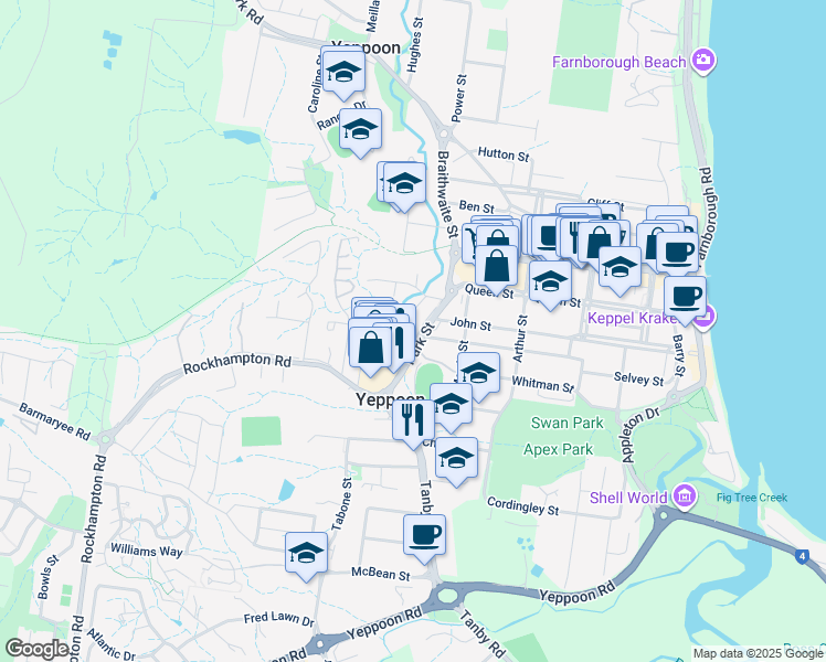 map of restaurants, bars, coffee shops, grocery stores, and more near 26 Park Street in Yeppoon