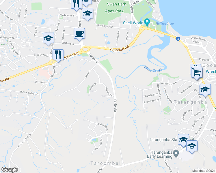 map of restaurants, bars, coffee shops, grocery stores, and more near 18 Naomi Drive in Taroomball