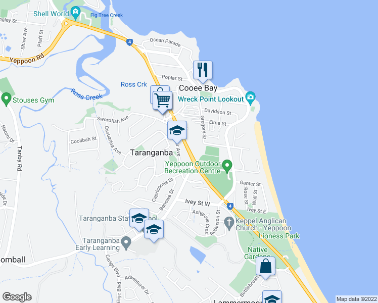 map of restaurants, bars, coffee shops, grocery stores, and more near 39 Scenic Highway in Taranganba