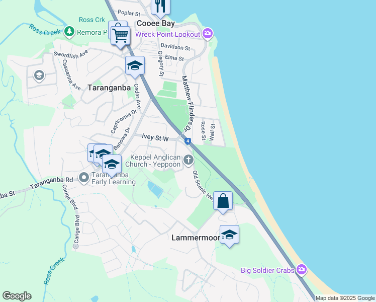 map of restaurants, bars, coffee shops, grocery stores, and more near 4 Old Scenic Highway in Taranganba
