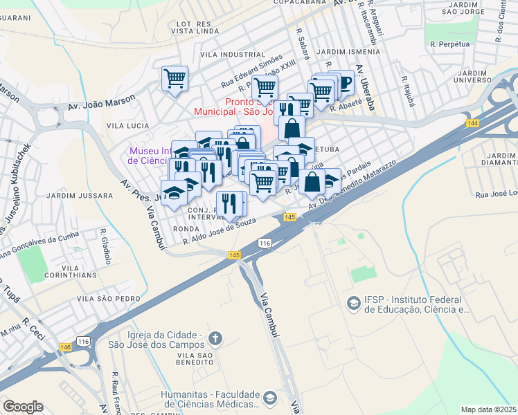 map of restaurants, bars, coffee shops, grocery stores, and more near 280 Rua Patativa in São José dos Campos
