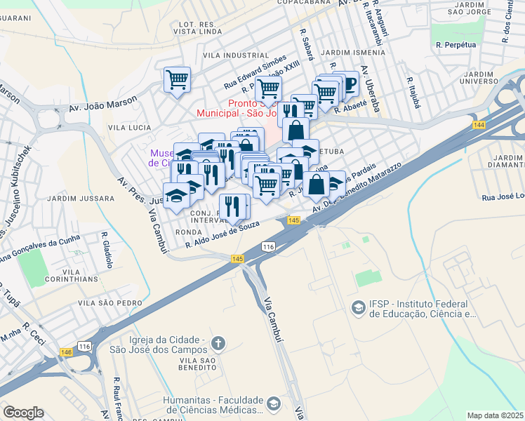 map of restaurants, bars, coffee shops, grocery stores, and more near 280 Rua Patativa in São José dos Campos