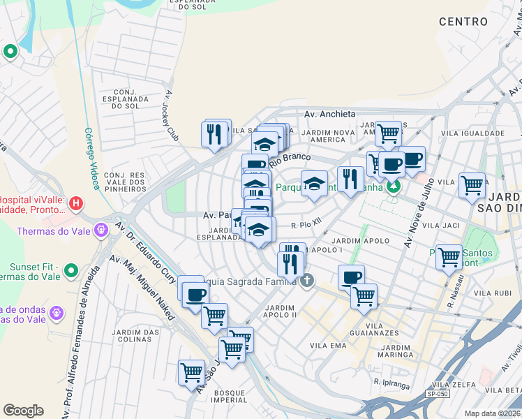 map of restaurants, bars, coffee shops, grocery stores, and more near 755 Avenida Barão do Rio Branco in São José dos Campos