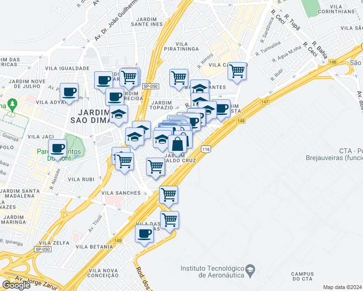 map of restaurants, bars, coffee shops, grocery stores, and more near 9403 Avenida Deputado Benedito Matarazzo in São José dos Campos