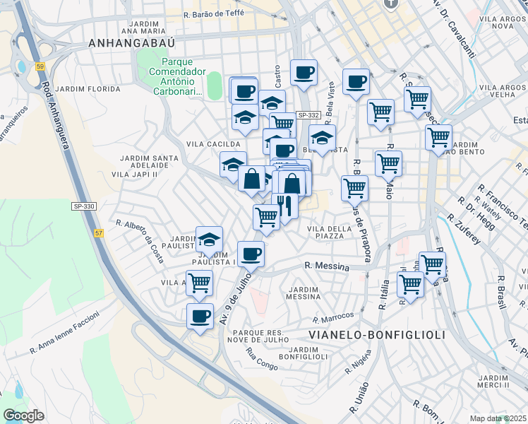 map of restaurants, bars, coffee shops, grocery stores, and more near 3148 Avenida 9 de Julho in Jundiaí