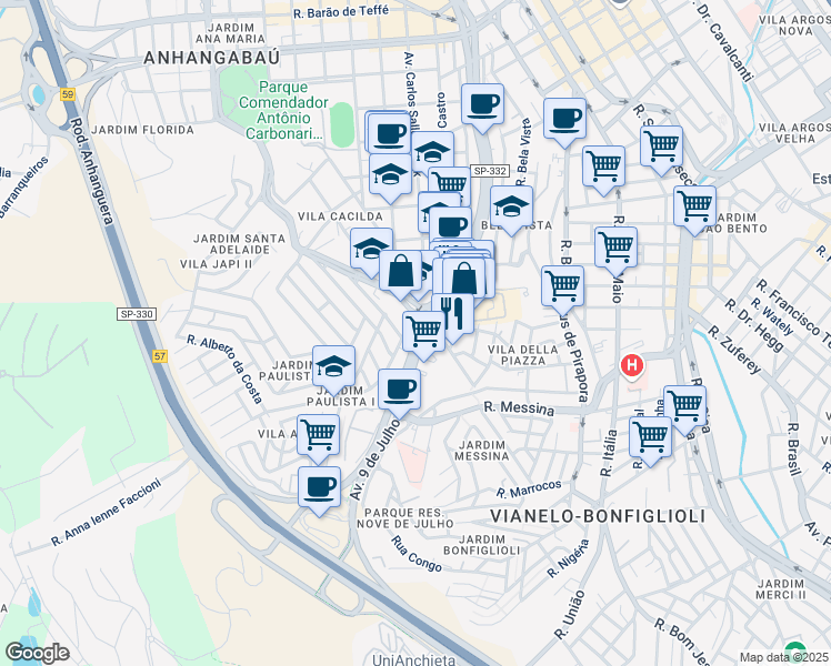map of restaurants, bars, coffee shops, grocery stores, and more near 3148 Avenida 9 de Julho in Jundiaí